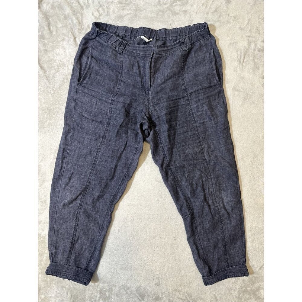 Eileen Fisher 100% Organic Linen Pants Blue Elastic Waist Zip Fly Size M